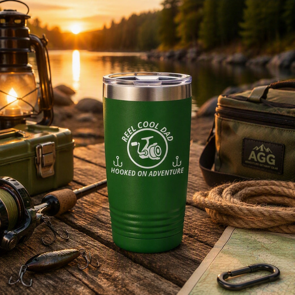 Green REEL COOL DAD 20oz tumbler on a rustic lakeside table with fishing gear at sunset.