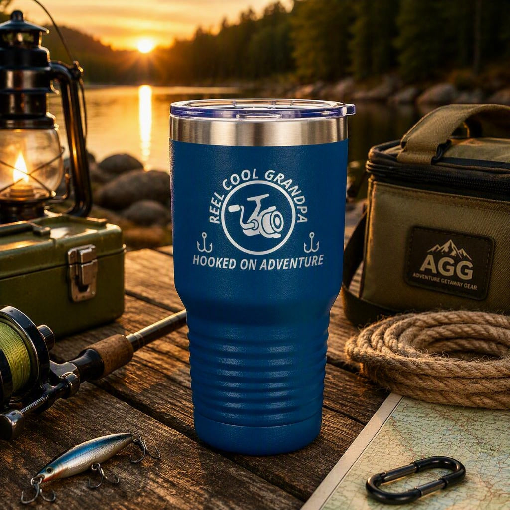 Blue REEL COOL GRANDPA 30oz tumbler on a rustic lakeside table with fishing gear at sunset.