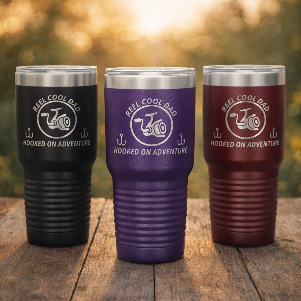 Three Reel Cool Dad 30oz Polar Camel engraved tumblers (Black, Purple, Maroon) on a rustic wood tabletop at golden hour