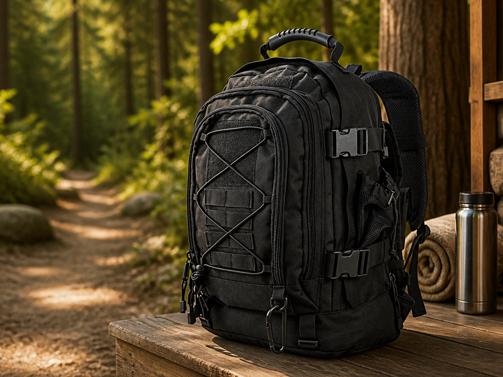 Black 65-liter outdoor backpack with MOLLE-style storage on a bench at a forest trailhead.