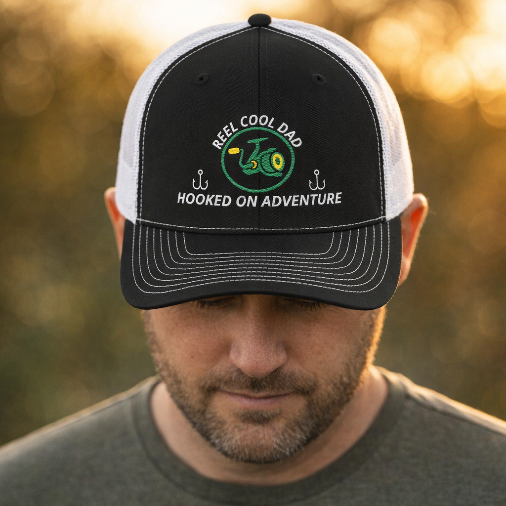 Model wearing a black-and-white mesh-back trucker cap with Reel Cool Dad embroidery in a warm golden-hour outdoor setting