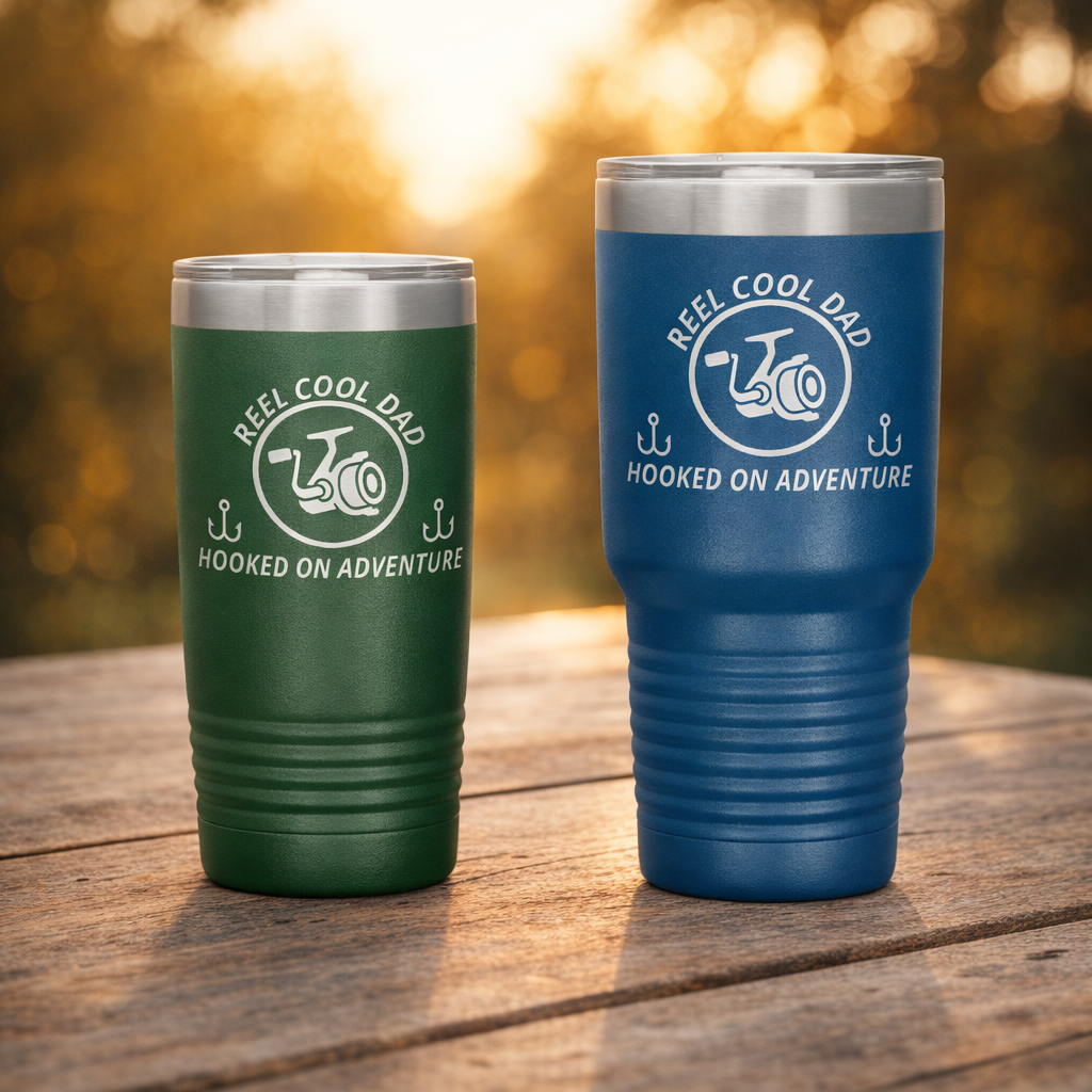 Green 20oz and blue 30oz insulated tumblers on a wood tabletop at golden hour, Reel Cool Dad design