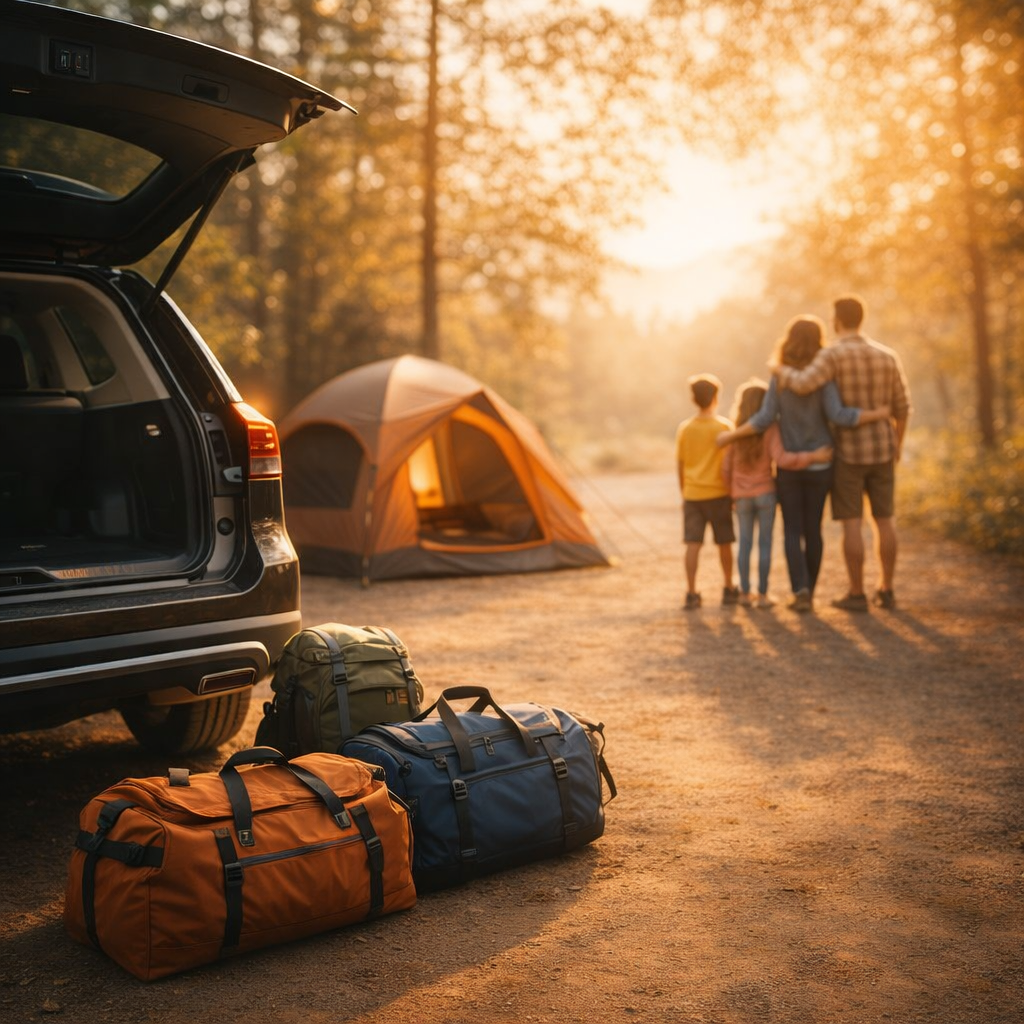 AGG Gear collection - family at a campsite beside an SUV with duffel bags and tent at golden hour