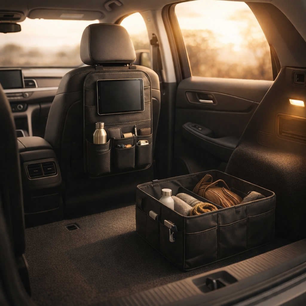 Vehicle Organization collection - clean SUV interior with seat-back organizer and trunk storage bin at golden hour