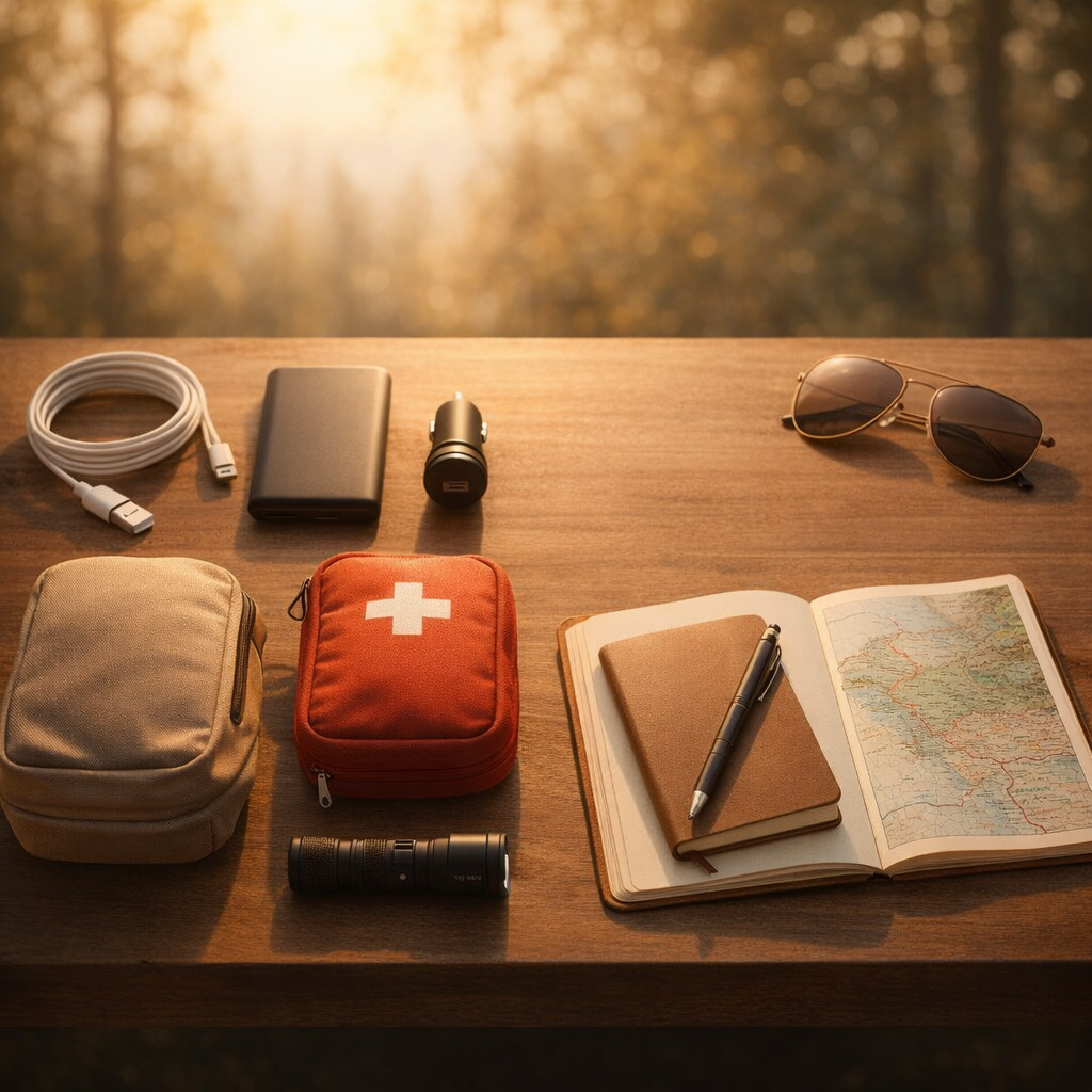 Travel Essentials collection - flat lay of road trip gear on a wood table with charger, power bank, sunglasses, first-aid kit, flashlight, and map at golden hour