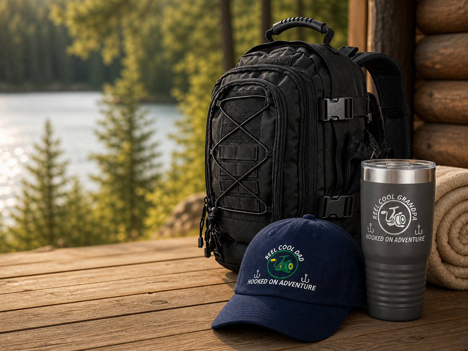 Outdoor travel gear with a black backpack, pewter engraved tumbler, navy cap and rolled blanket at a forest cabin.