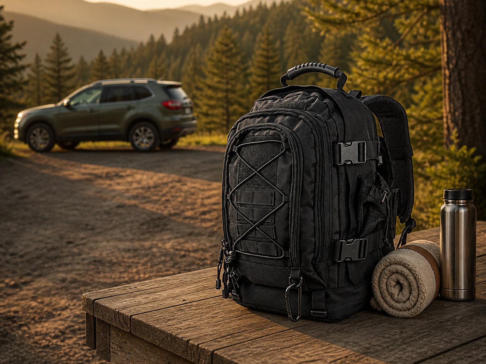 Black outdoor backpack with a rolled blanket and bottle at a mountain road-trip overlook.