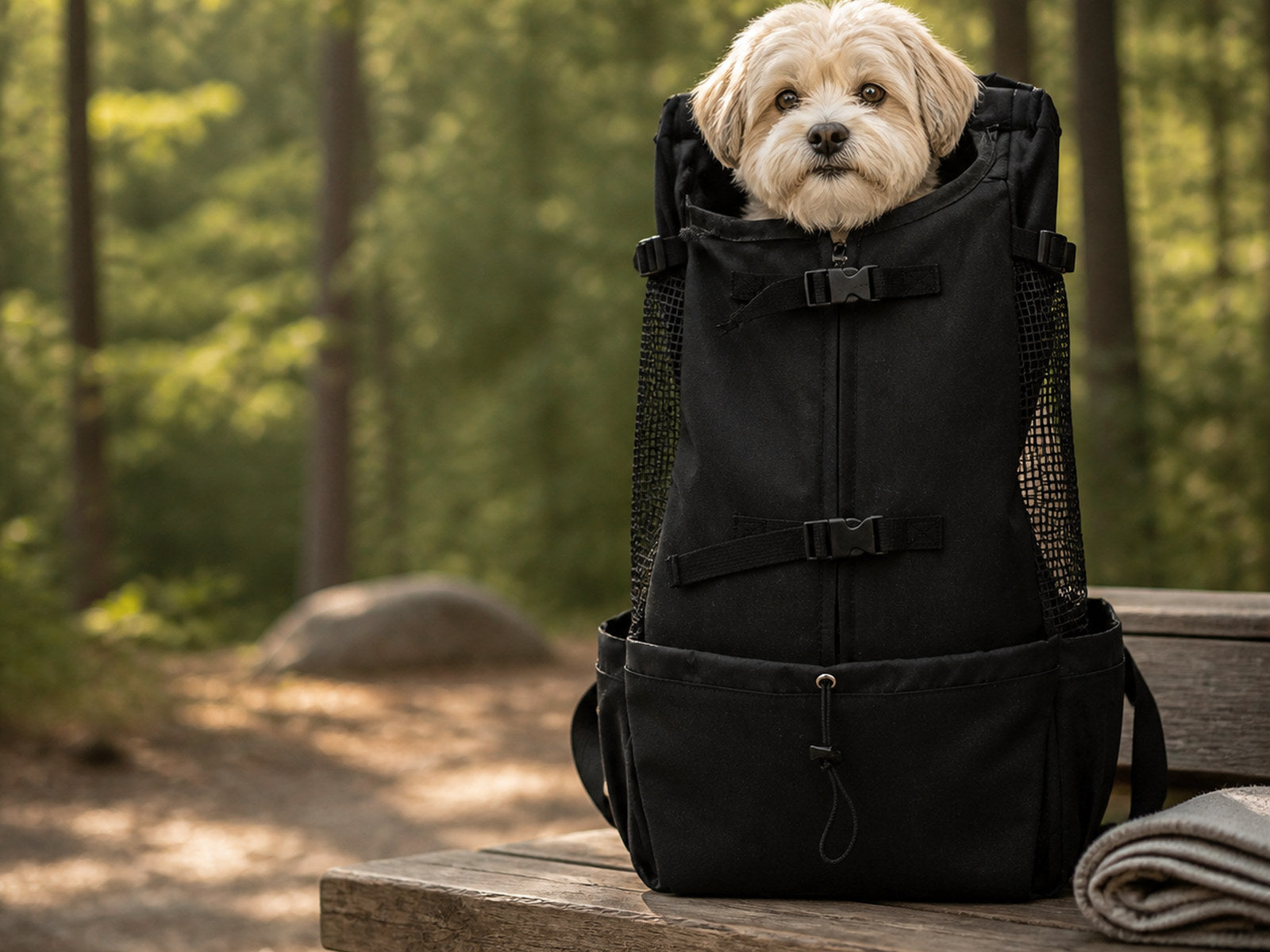 Small cream-colored dog resting in a black hands-free pet carrier backpack at a forest trailhead.
