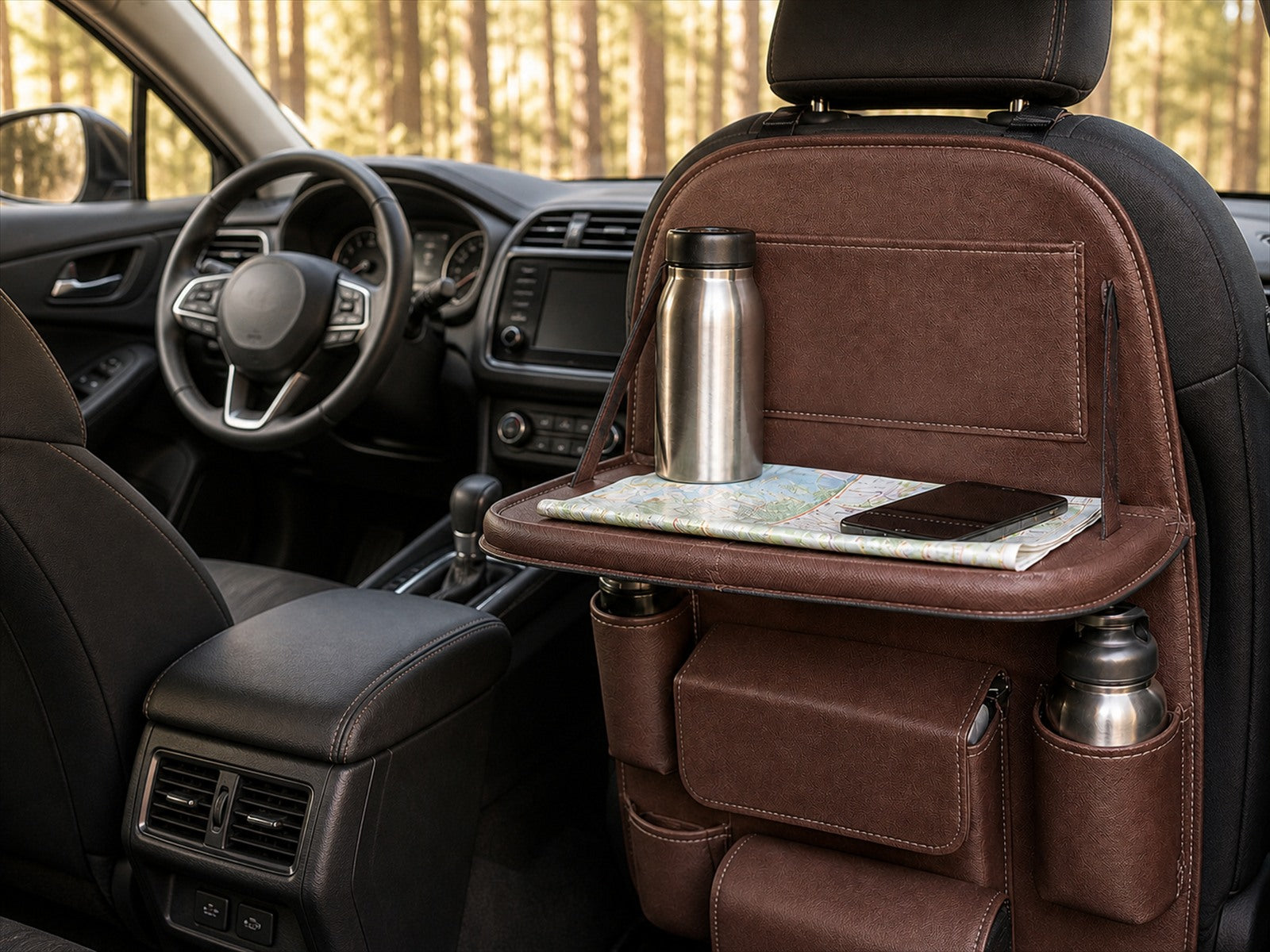 Coffee-brown seat-back organizer with folding tray, stainless steel bottle, road map, and phone installed behind the front passenger seat of a compact SUV.