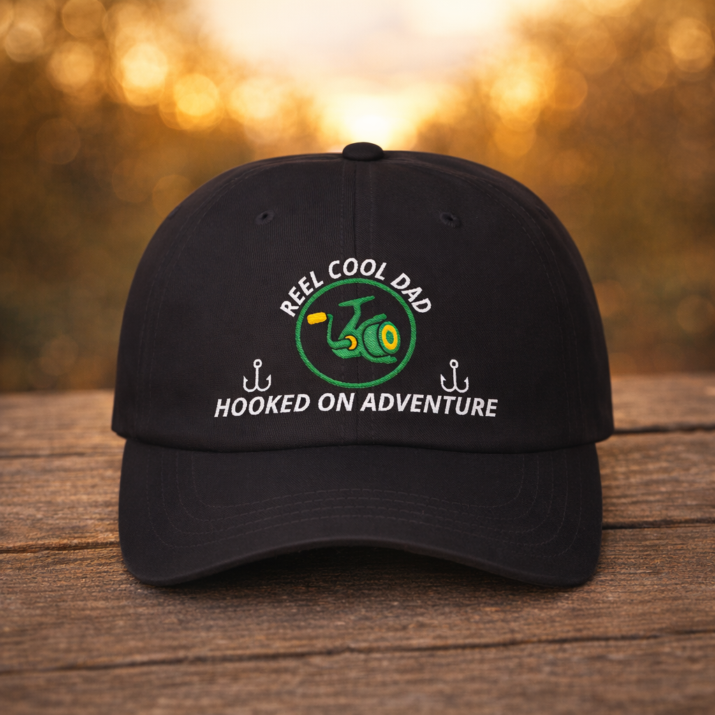 Dad caps collection - black embroidered dad cap on wood tabletop at golden hour