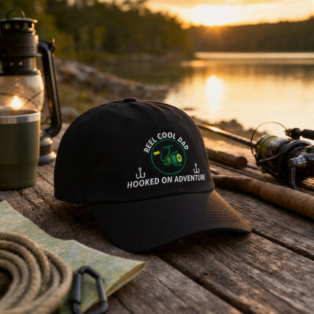 Lifestyle image for AGG Dad Caps showing the REEL COOL DAD black dad cap in a warm lakeside fishing setting.