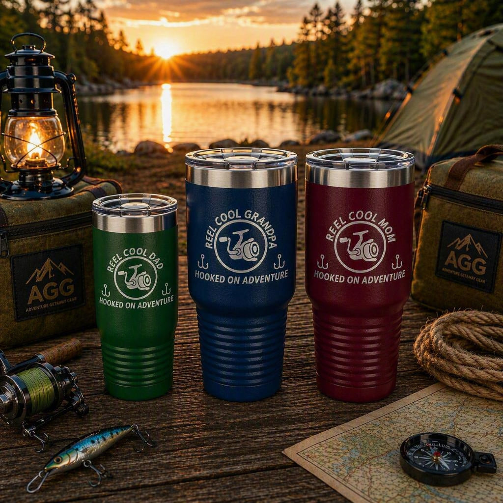 Green REEL COOL DAD 20oz tumbler with matching blue REEL COOL GRANDPA and maroon REEL COOL MOM 30oz tumblers on a rustic lakeside table with fishing gear at sunset.