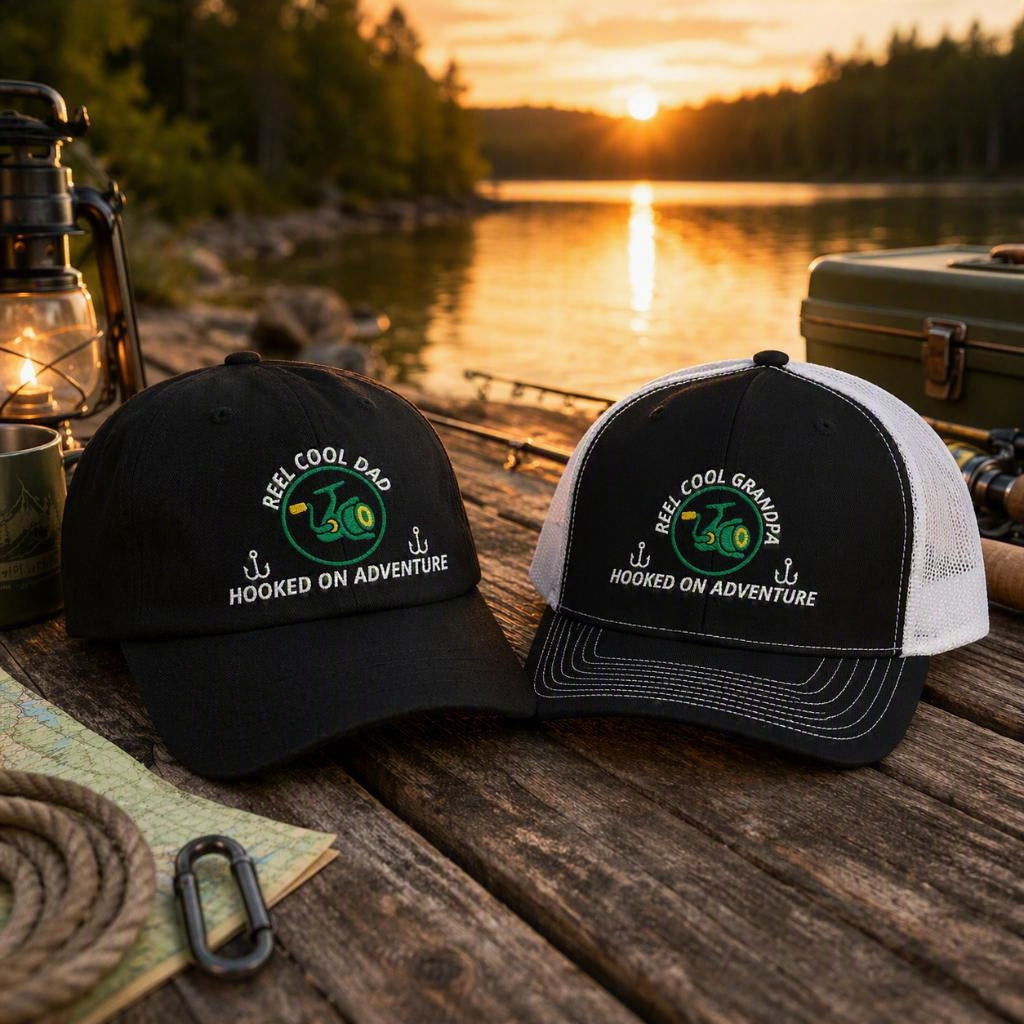 Lifestyle image for AGG Headwear showing the REEL COOL DAD dad cap and REEL COOL GRANDPA trucker cap together in a warm lakeside fishing setting.
