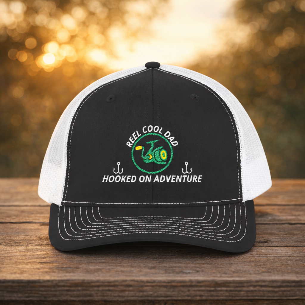 Trucker caps collection - black and white embroidered trucker cap on wood tabletop at golden hour