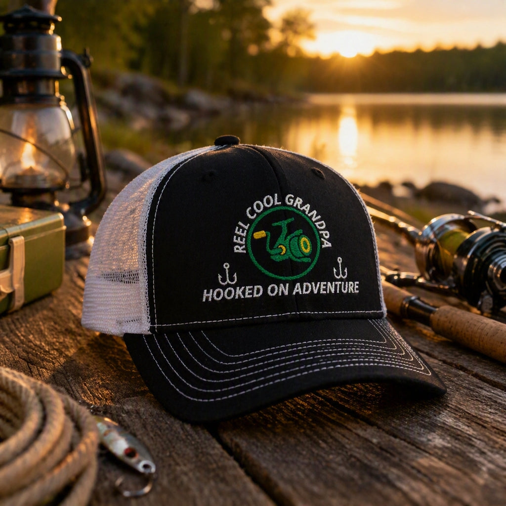 Lifestyle image for AGG Trucker Caps showing the REEL COOL GRANDPA black and white trucker cap in a warm lakeside fishing setting.