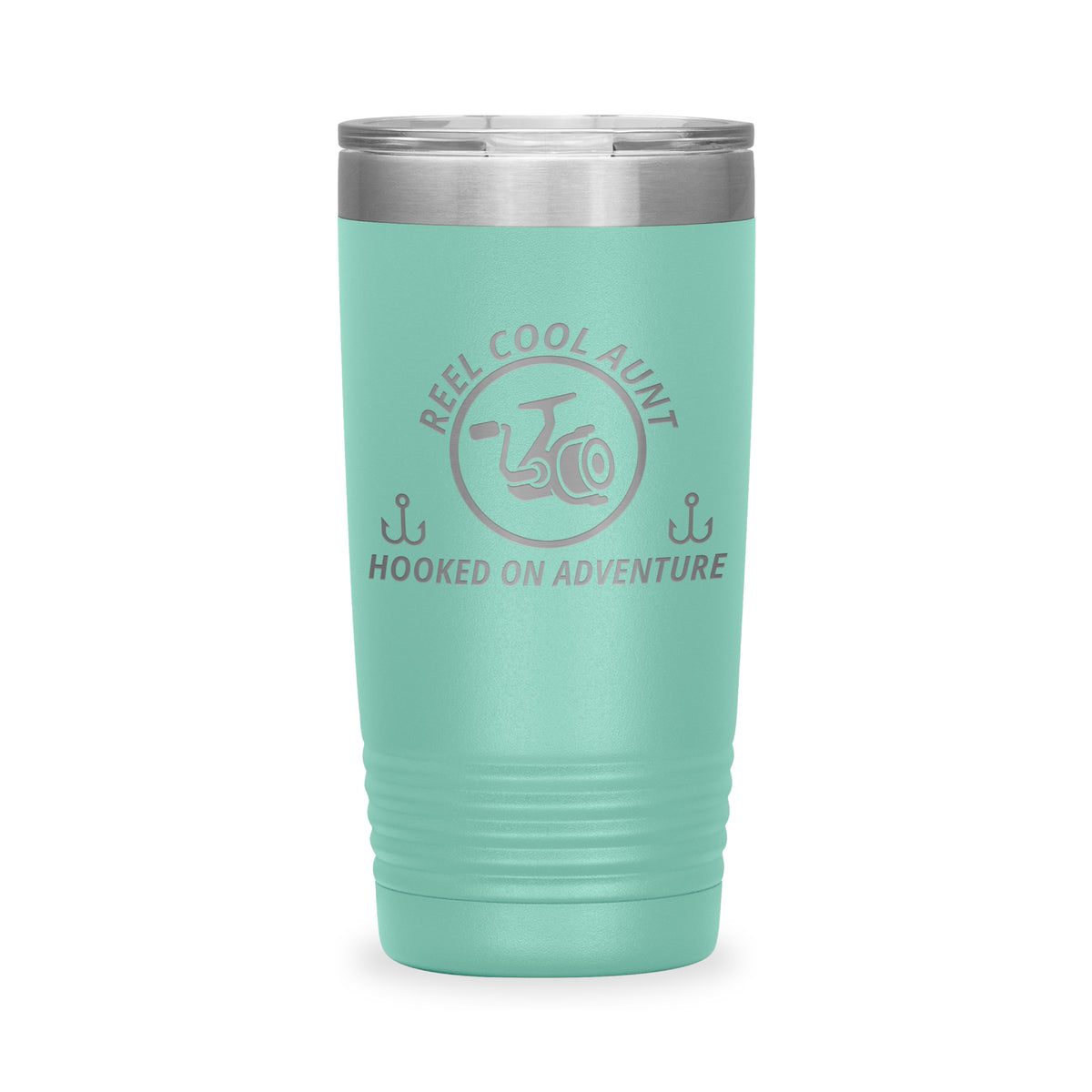 Reel Cool Aunt - Polar Camel 20oz engraved tumbler, front view, Teal