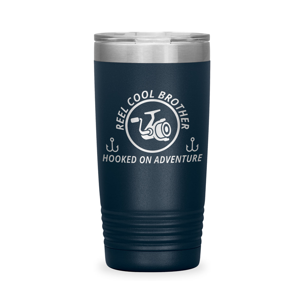 Reel Cool Brother - Polar Camel 20oz engraved tumbler, front view, Navy