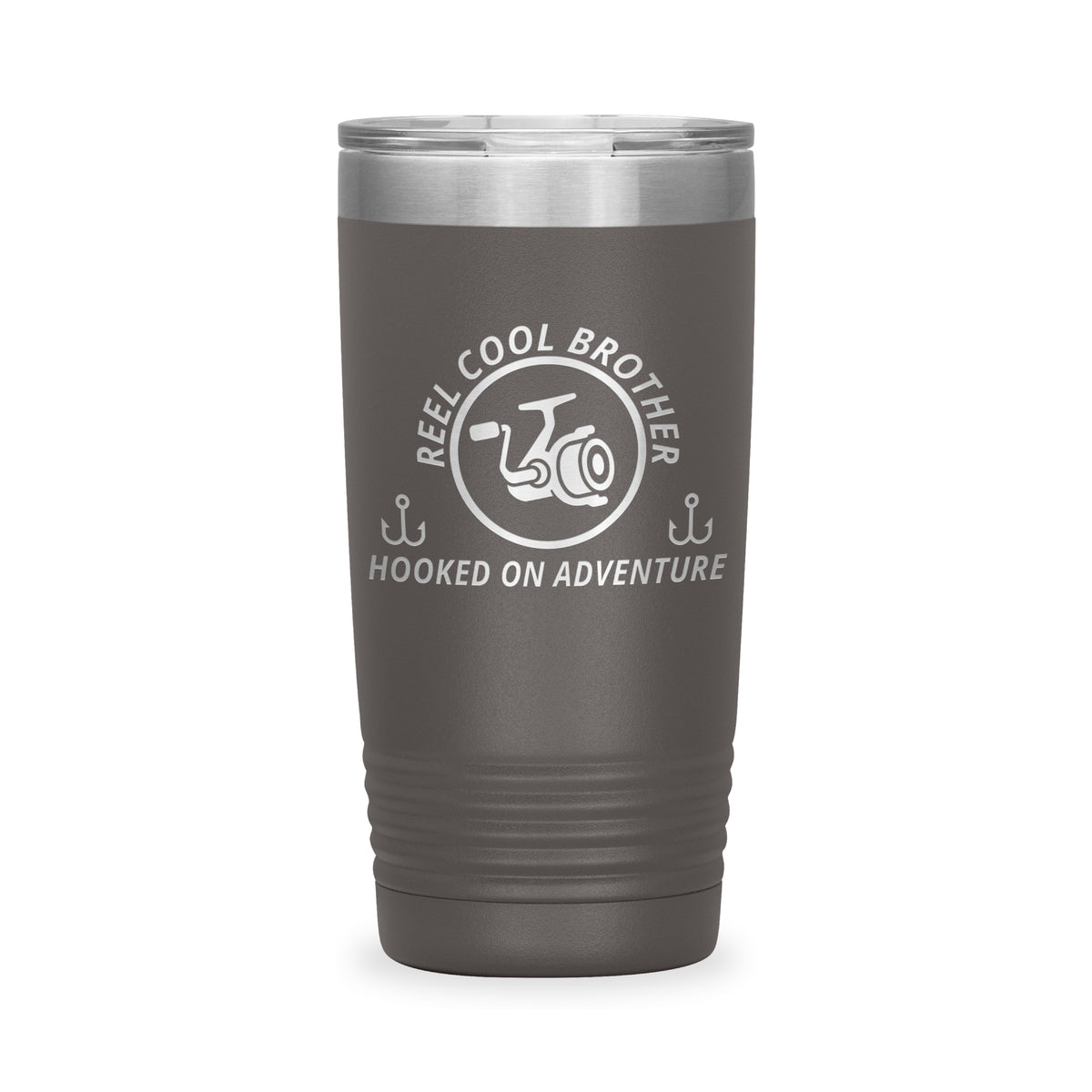Reel Cool Brother - Polar Camel 20oz engraved tumbler, front view, Pewter