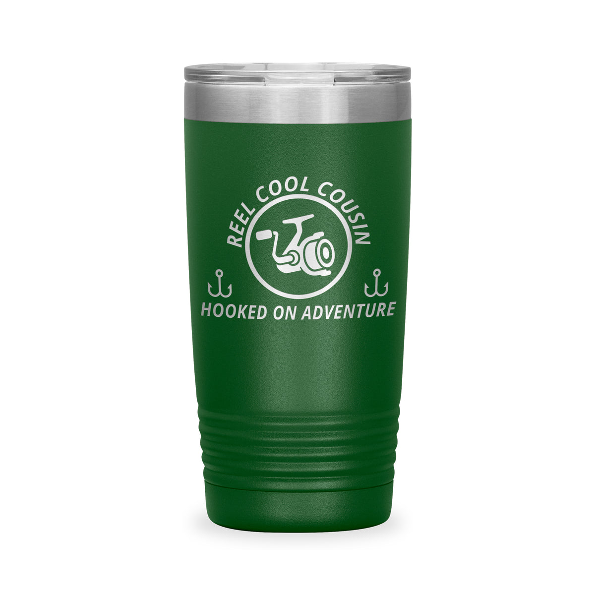 Reel Cool Cousin - Polar Camel 20oz engraved tumbler, front view, Green