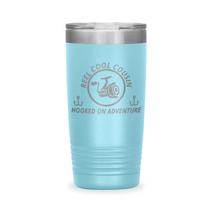Reel Cool Cousin - Polar Camel 20oz engraved tumbler, front view, Light Blue