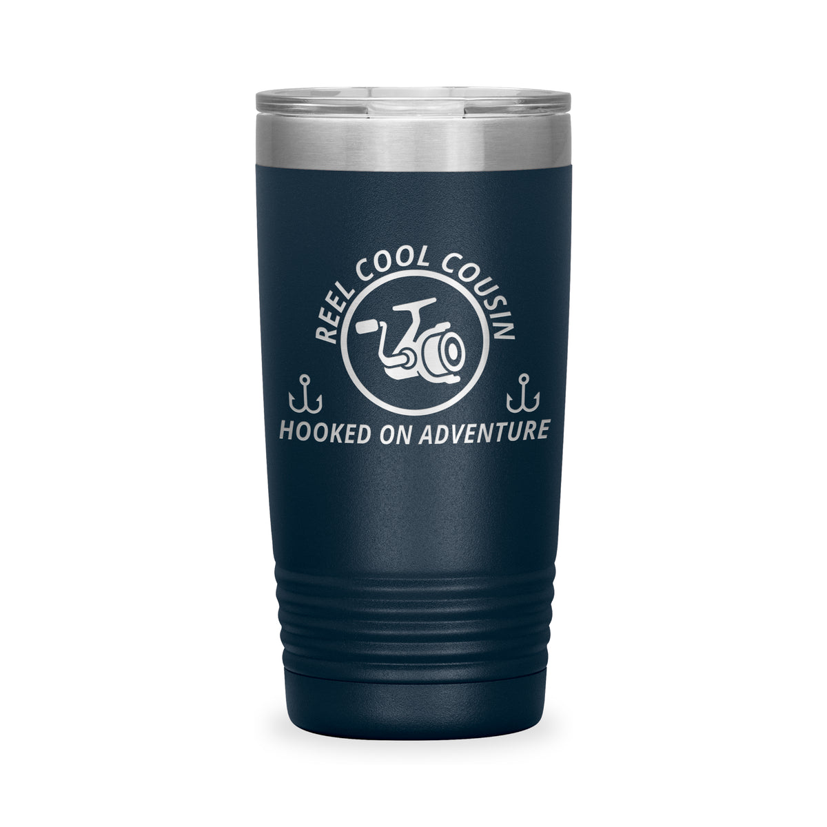 Reel Cool Cousin - Polar Camel 20oz engraved tumbler, front view, Navy