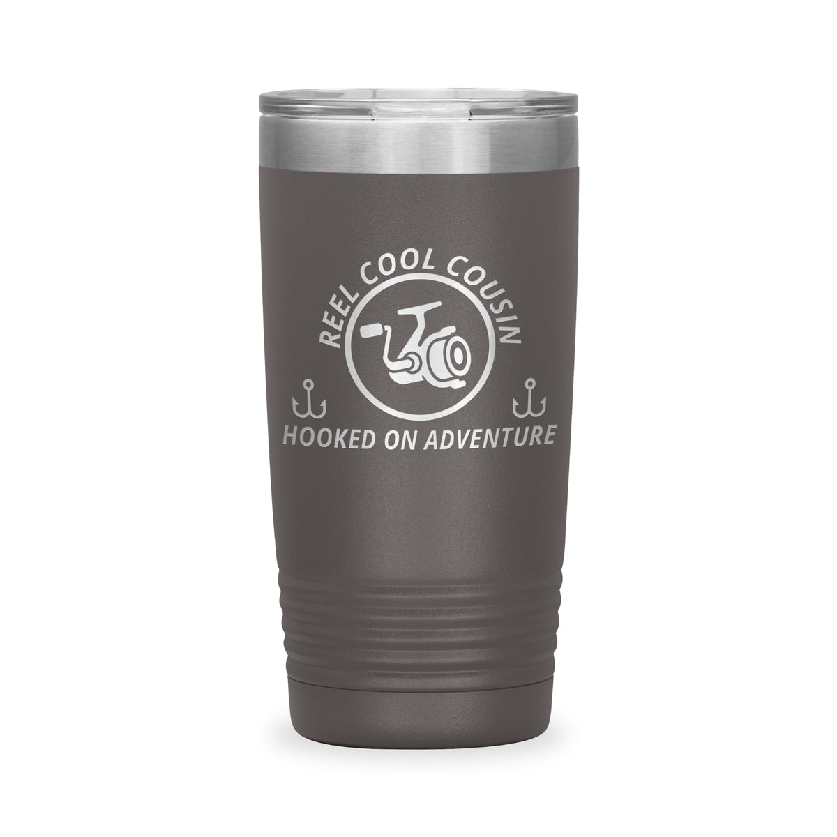 Reel Cool Cousin - Polar Camel 20oz engraved tumbler, front view, Pewter