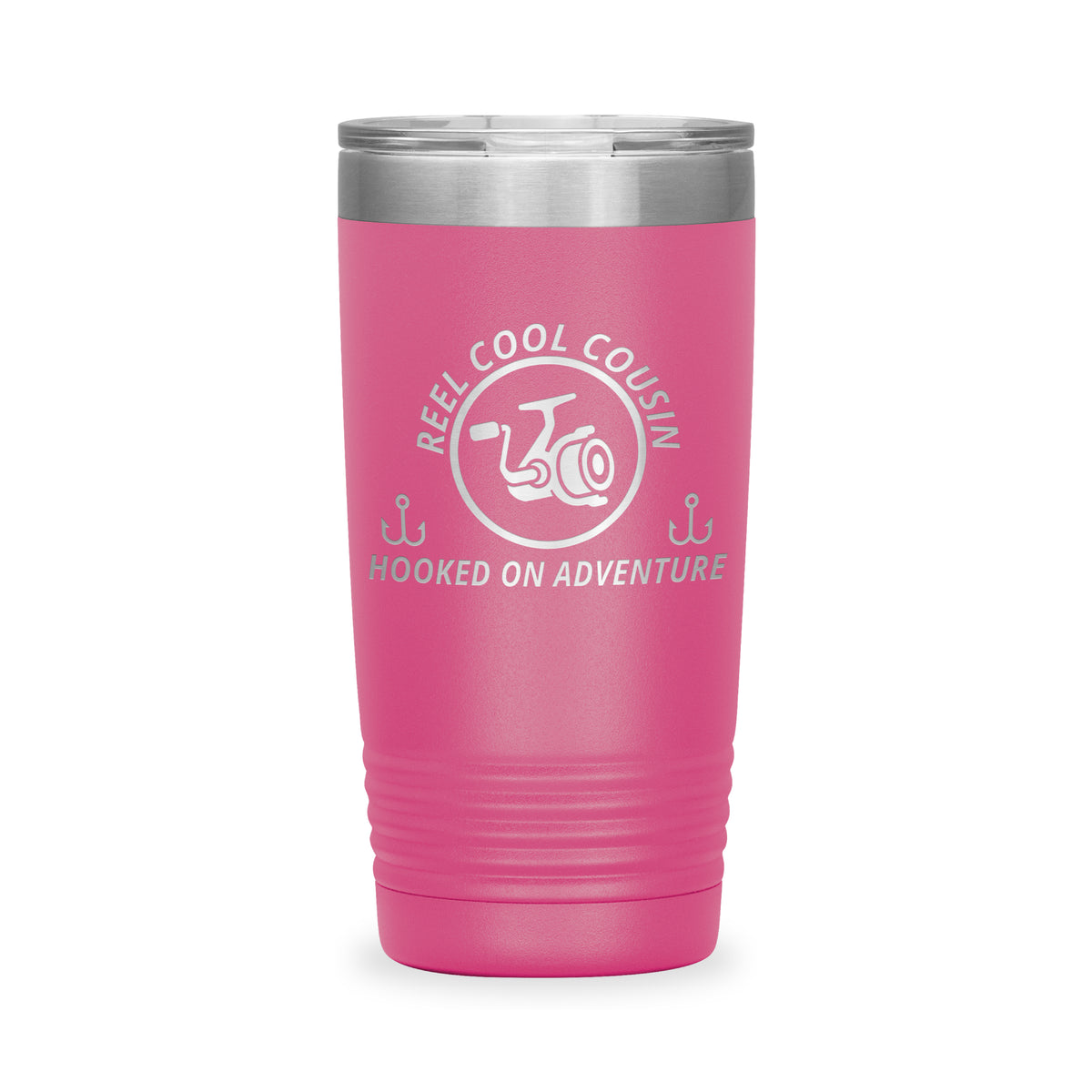 Reel Cool Cousin - Polar Camel 20oz engraved tumbler, front view, Pink