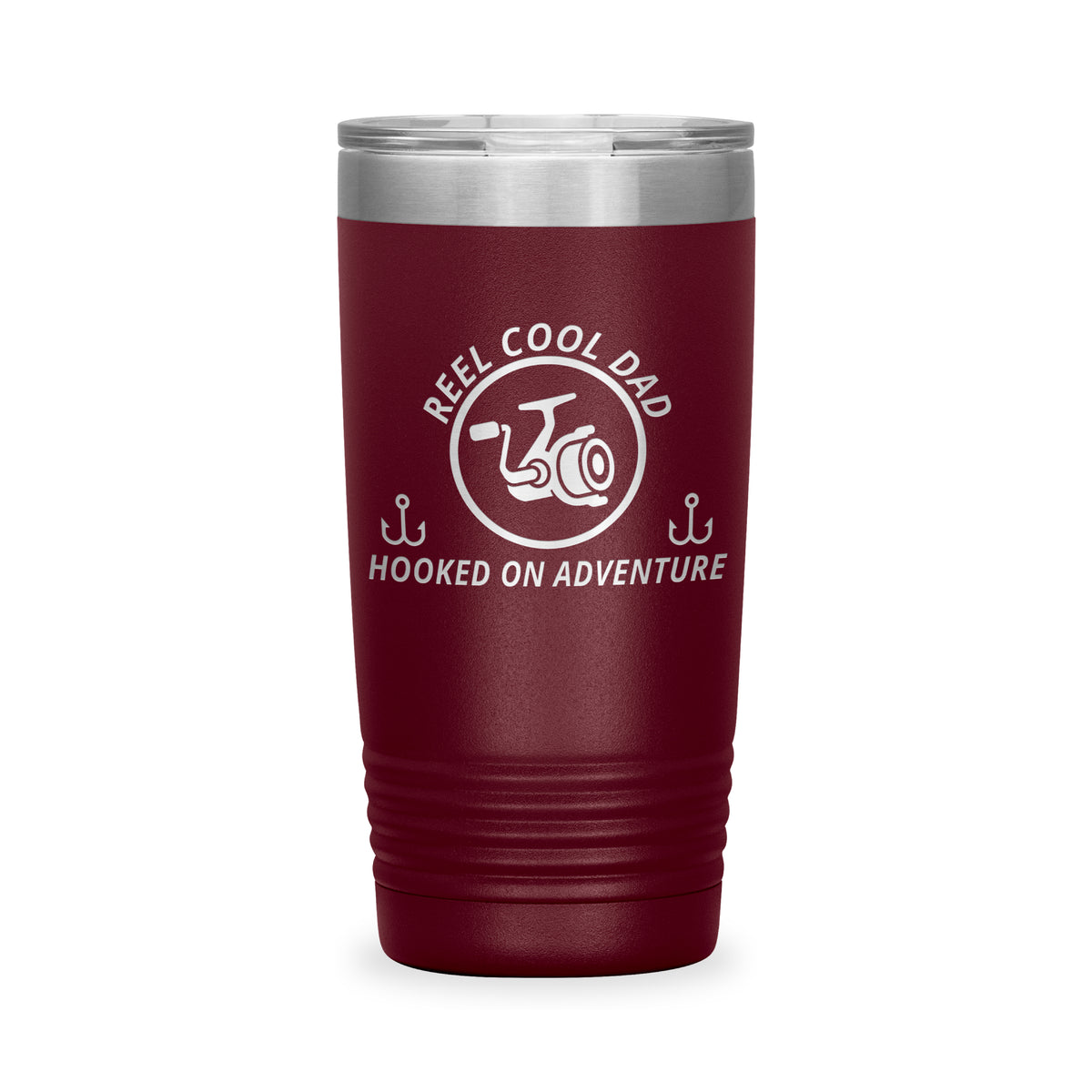 Reel Cool Dad - Polar Camel 20oz engraved tumbler, front view, Maroon