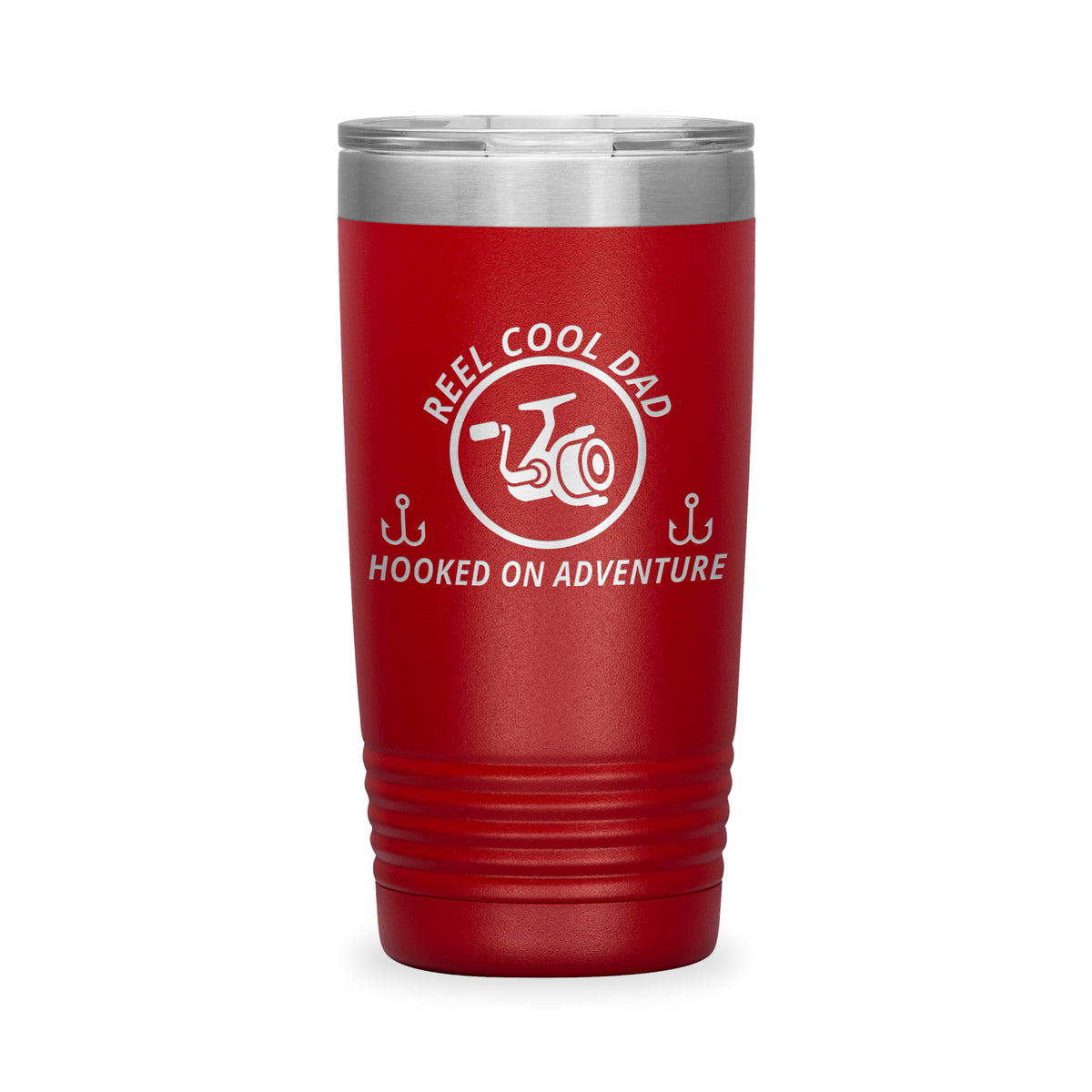 Reel Cool Dad - Polar Camel 20oz engraved tumbler, front view, Red