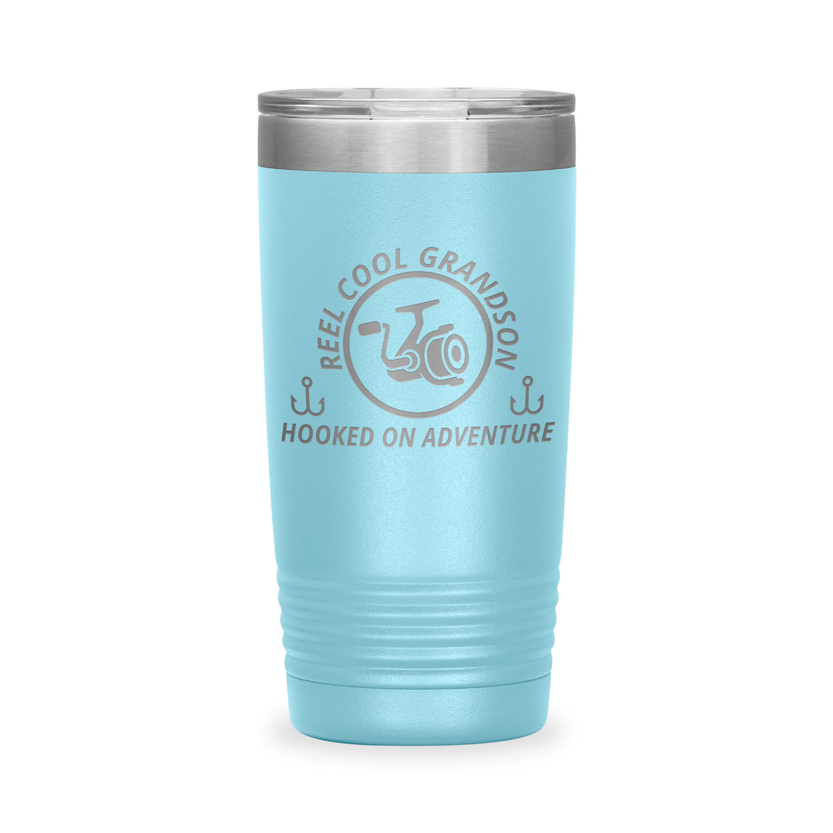 Reel Cool Grandson - Polar Camel 20oz engraved tumbler, front view, Light Blue