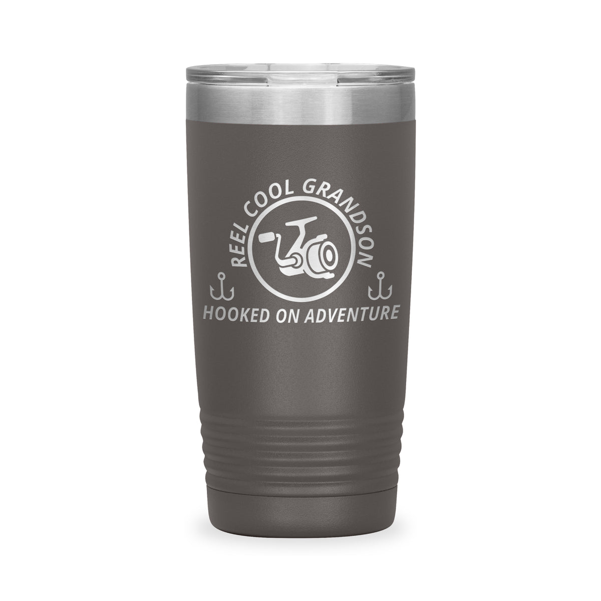 Reel Cool Grandson - Polar Camel 20oz engraved tumbler, front view, Pewter