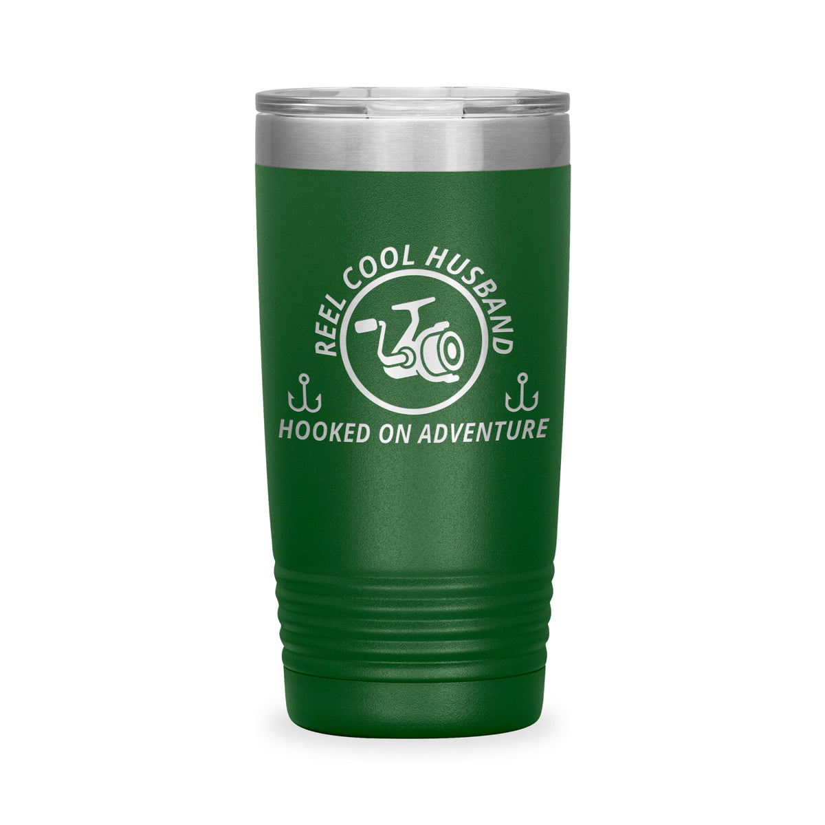 Reel Cool Husband - Polar Camel 20oz engraved tumbler, front view, Green