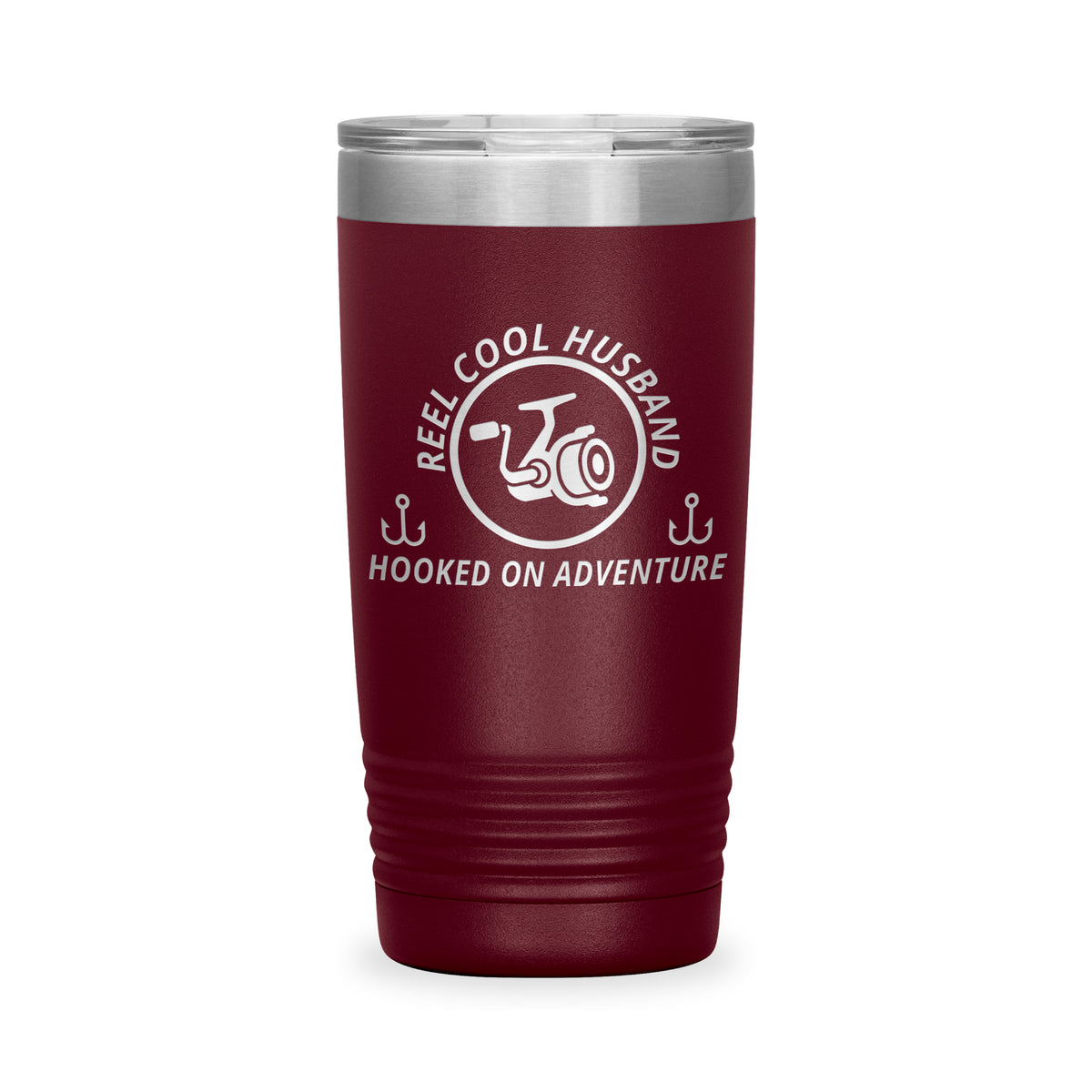 Reel Cool Husband - Polar Camel 20oz engraved tumbler, front view, Maroon