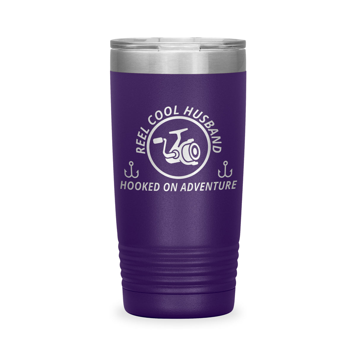 Reel Cool Husband - Polar Camel 20oz engraved tumbler, front view, Purple
