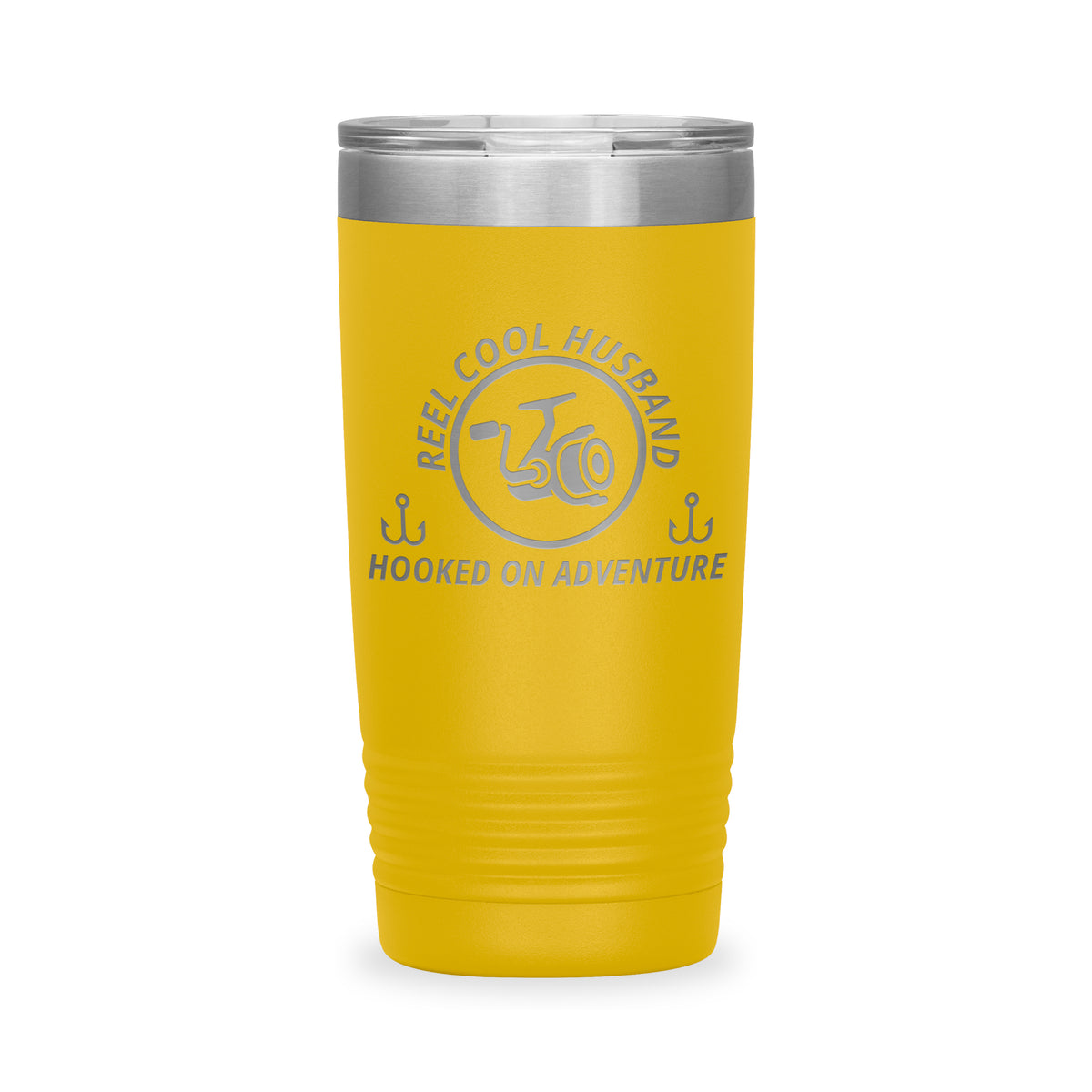 Reel Cool Husband - Polar Camel 20oz engraved tumbler, front view, Yellow