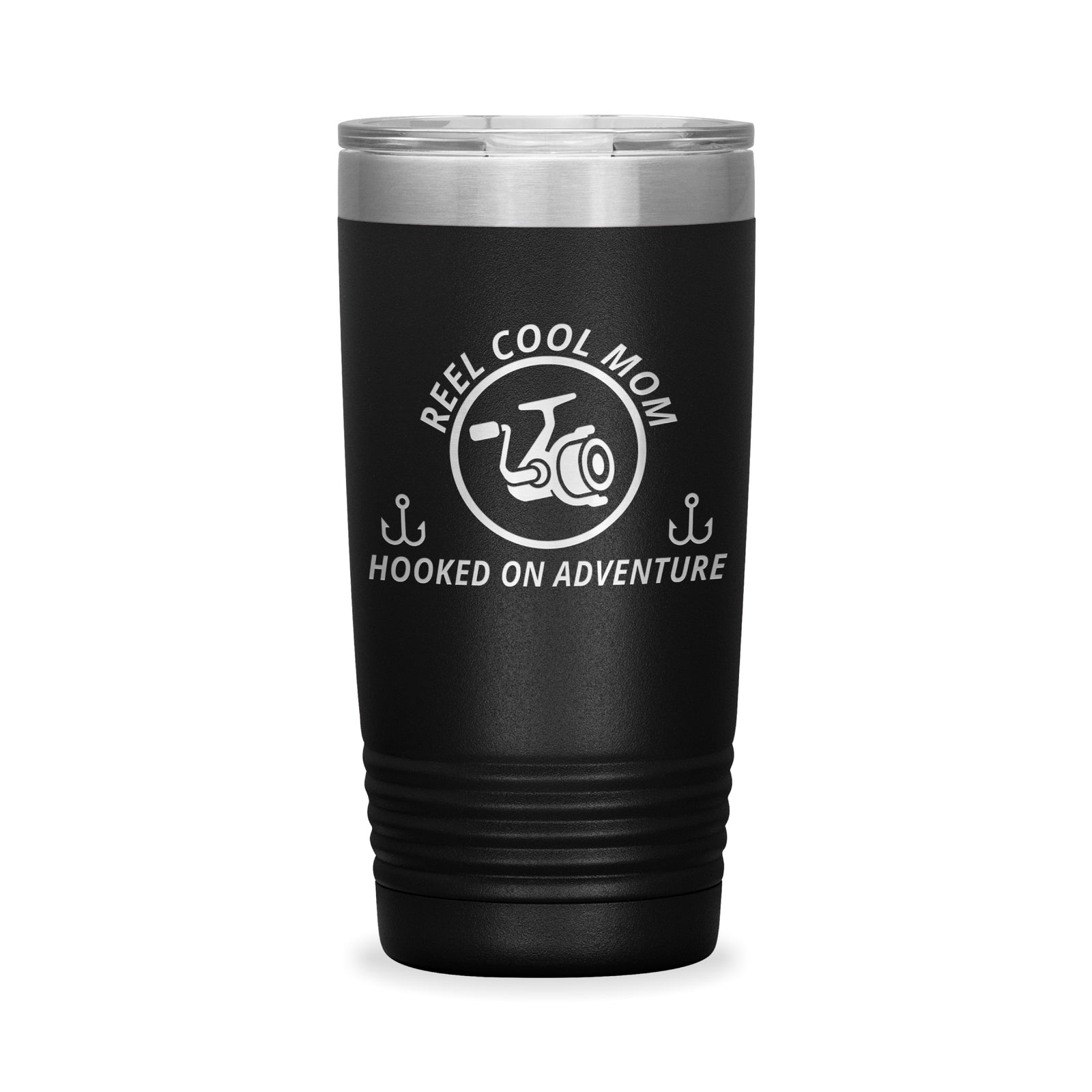 Reel Cool Mom - Polar Camel 20oz engraved tumbler, front view, Black
