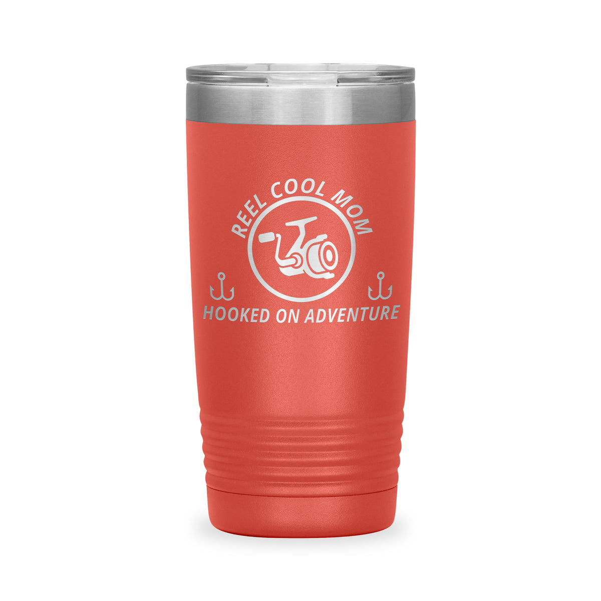 Reel Cool Mom - Polar Camel 20oz engraved tumbler, front view, Coral