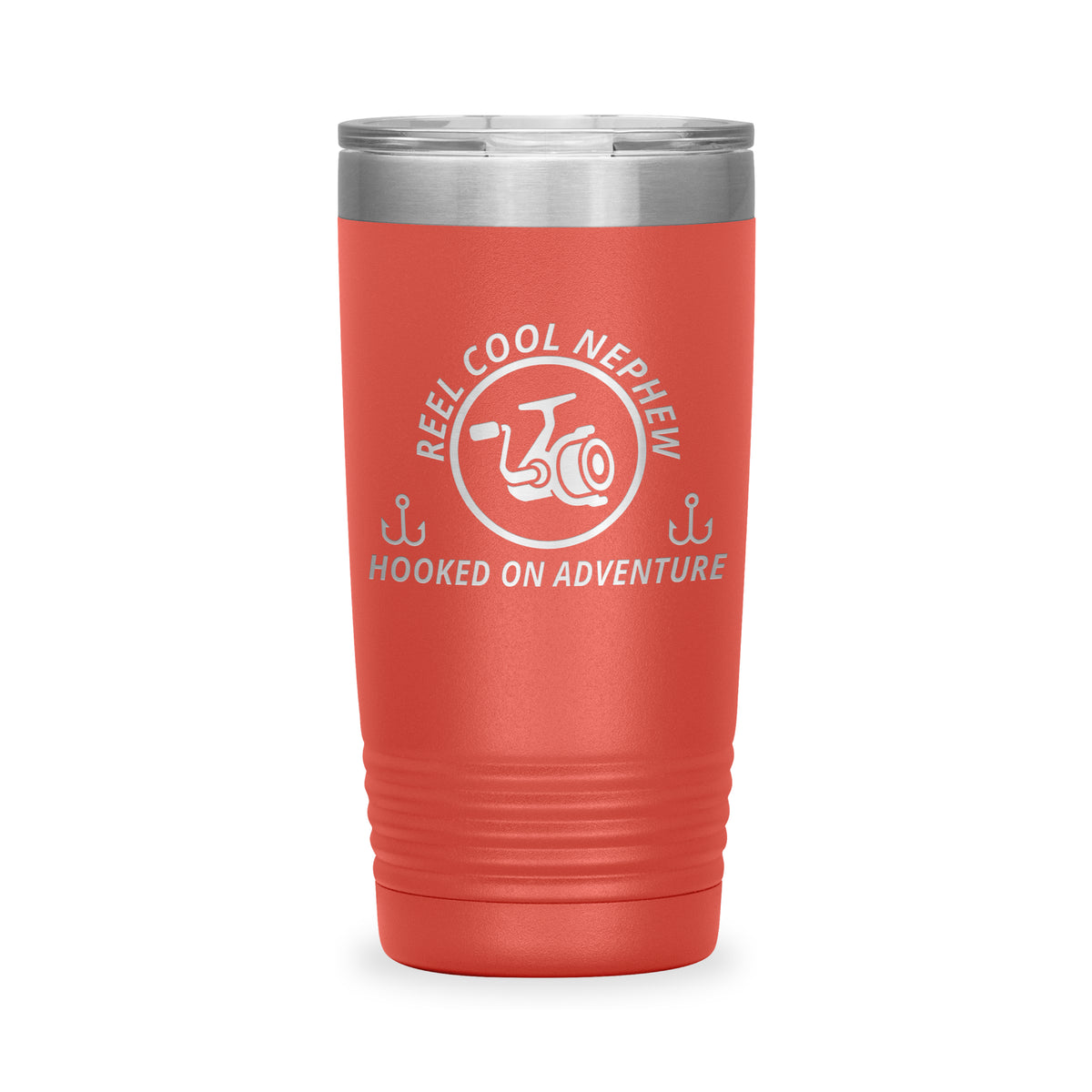 Reel Cool Nephew - Polar Camel 20oz engraved tumbler, front view, Coral