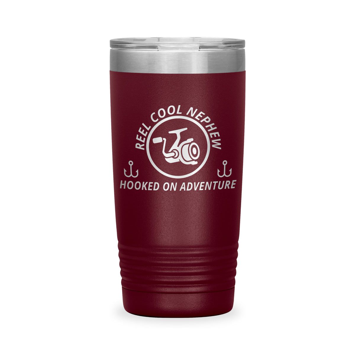 Reel Cool Nephew - Polar Camel 20oz engraved tumbler, front view, Maroon