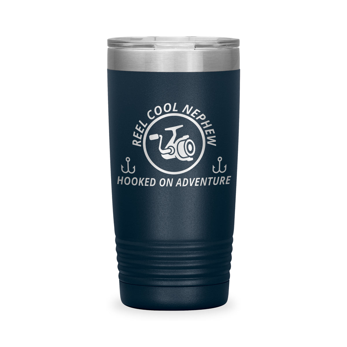 Reel Cool Nephew - Polar Camel 20oz engraved tumbler, front view, Navy