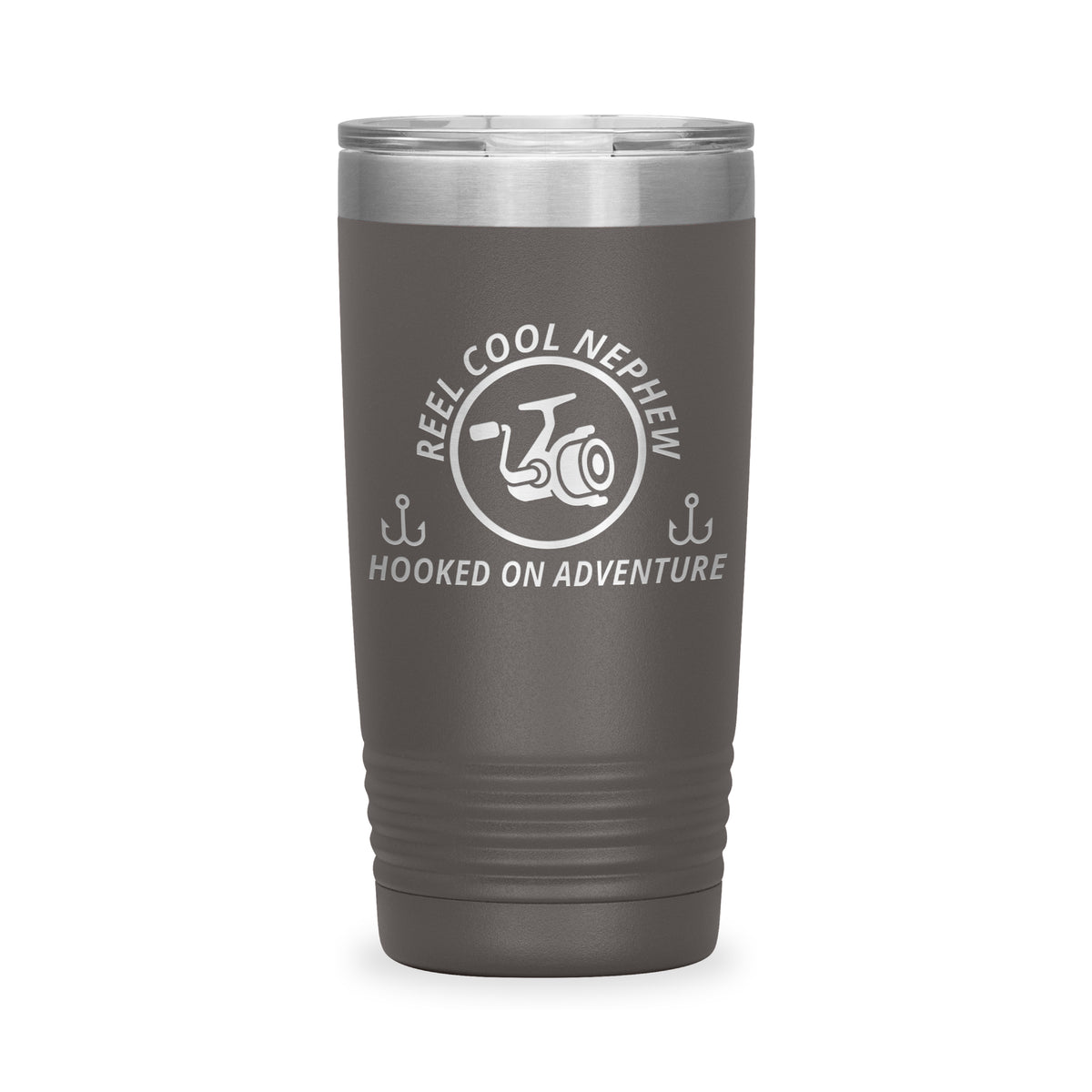 Reel Cool Nephew - Polar Camel 20oz engraved tumbler, front view, Pewter