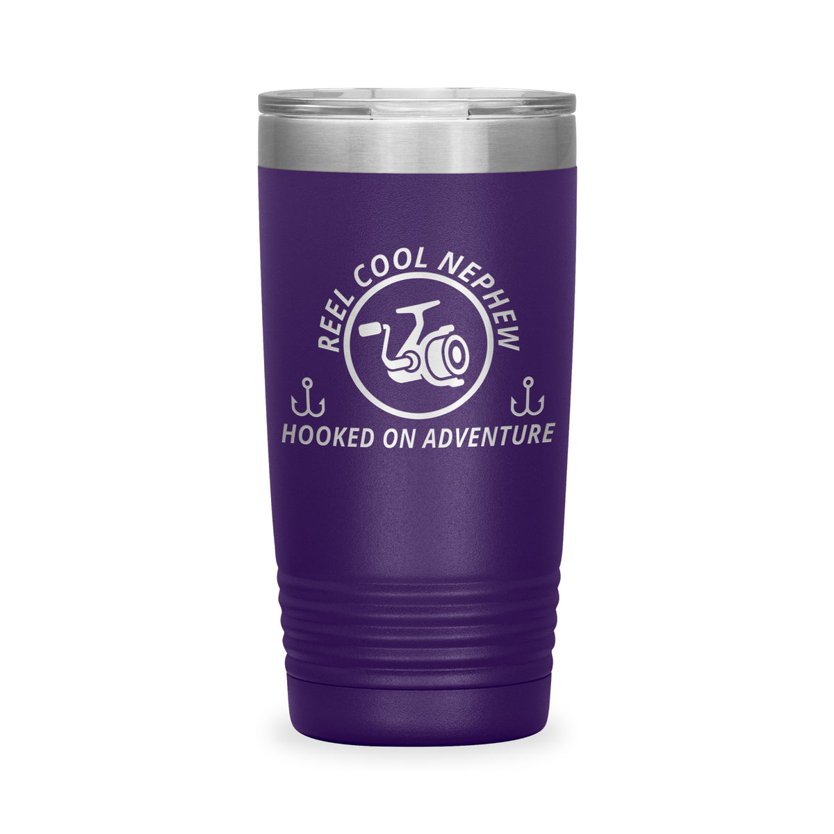 Reel Cool Nephew - Polar Camel 20oz engraved tumbler, front view, Purple