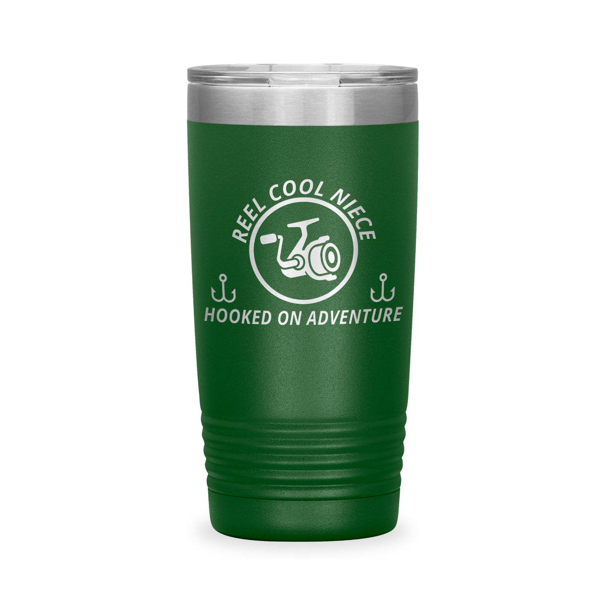 Reel Cool Niece - Polar Camel 20oz engraved tumbler, front view, Green