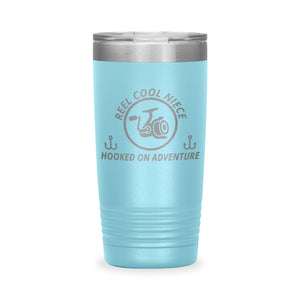 Reel Cool Niece - Polar Camel 20oz engraved tumbler, front view, Light Blue