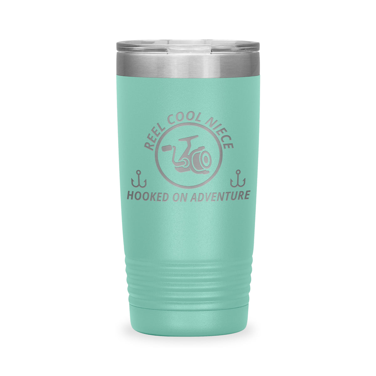 Reel Cool Niece - Polar Camel 20oz engraved tumbler, front view, Teal