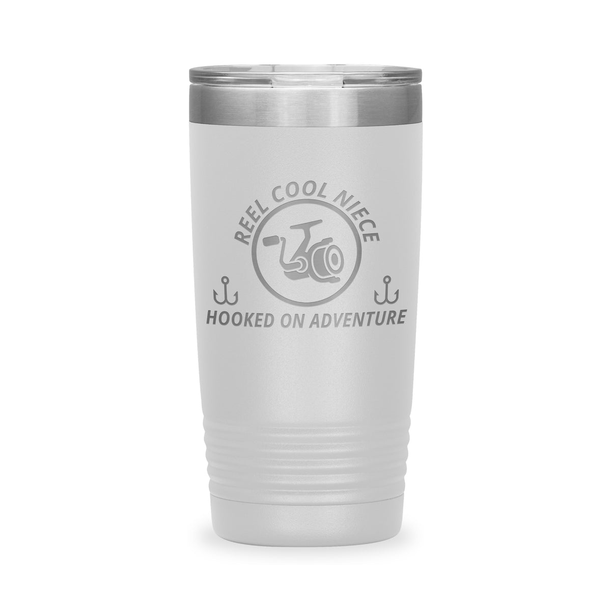 Reel Cool Niece - Polar Camel 20oz engraved tumbler, front view, White