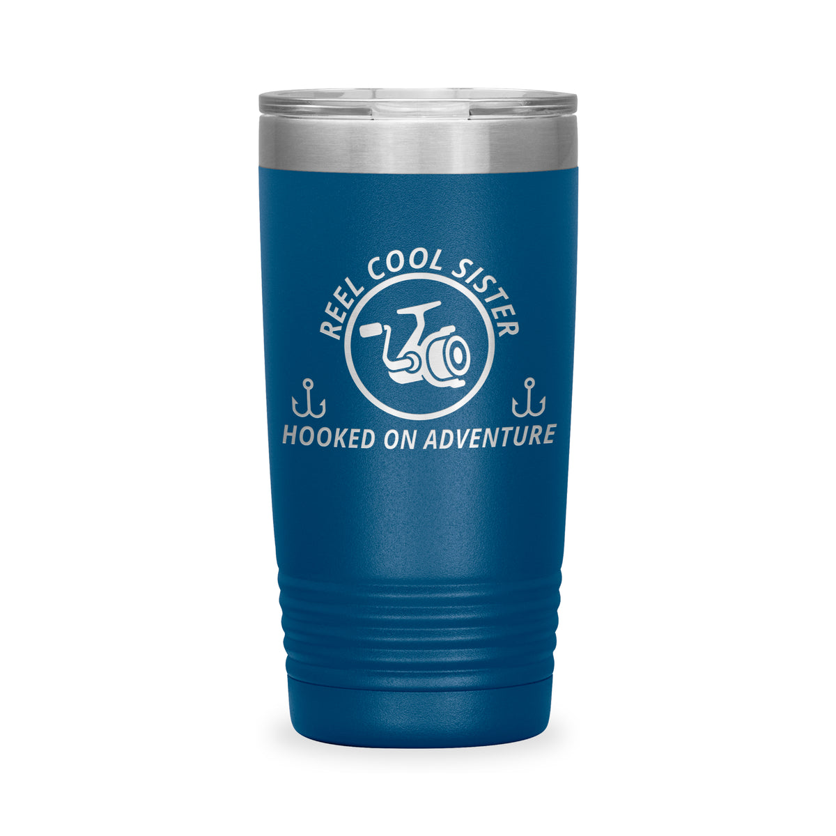Reel Cool Sister - Polar Camel 20oz engraved tumbler, front view, Blue