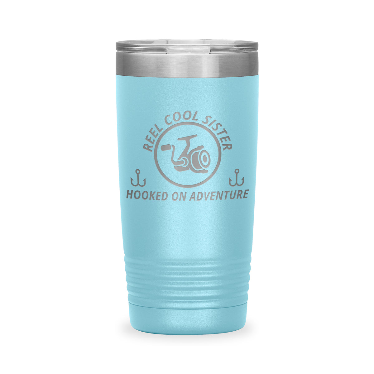 Reel Cool Sister - Polar Camel 20oz engraved tumbler, front view, Light Blue
