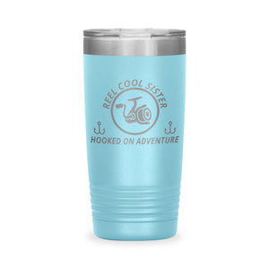 Reel Cool Sister - Polar Camel 20oz engraved tumbler, front view, Light Blue