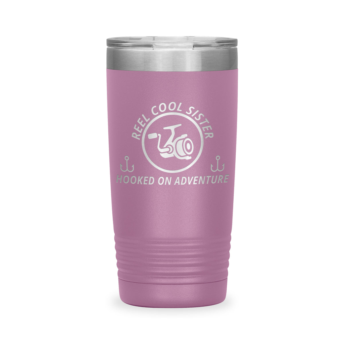 Reel Cool Sister - Polar Camel 20oz engraved tumbler, front view, Light Purple